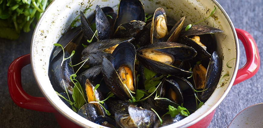 Moules de bouchots au beurre citronné de cresson