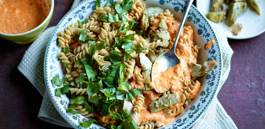 Pâtes complètes au pesto de poivrons grillés