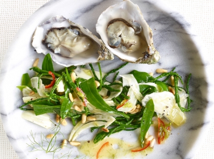 Huîtres et salade de salicornes, fenouil et épinards de mer