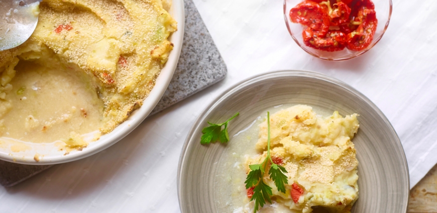 Fish pie aux poireaux et aux tomates confites