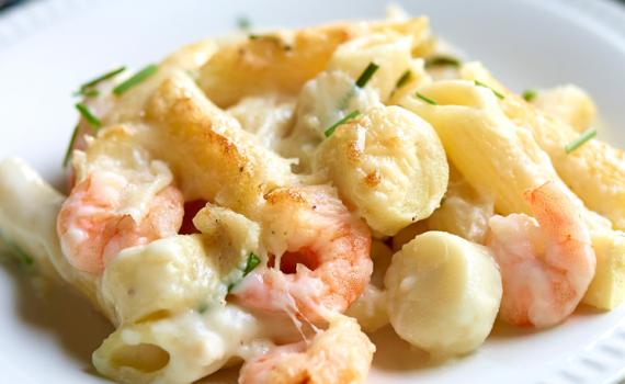 Gratin de penne aux cœurs de palmier et aux crevettes