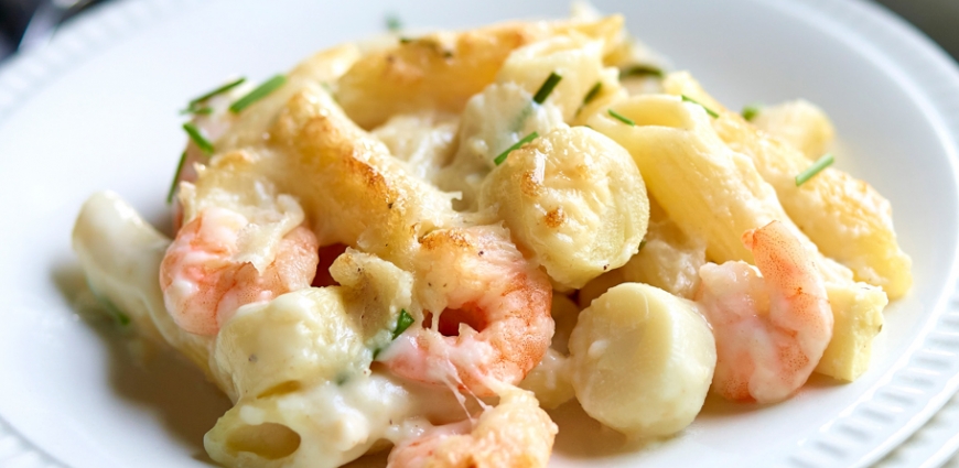 Gratin de penne aux cœurs de palmier et aux crevettes