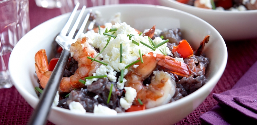 Pilaf de riz violet aux scampis et au chèvre frais