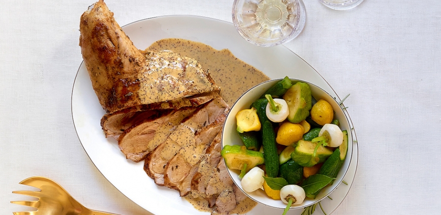 Cochon de lait à la moutarde et aux mini légumes