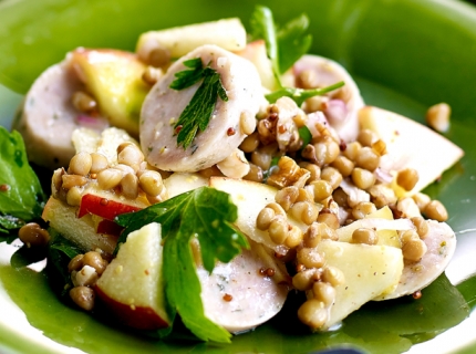 Salade de lentilles au boudin blanc, pommes et noix