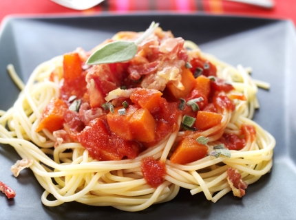 Spaghettis au potiron et à la pancetta