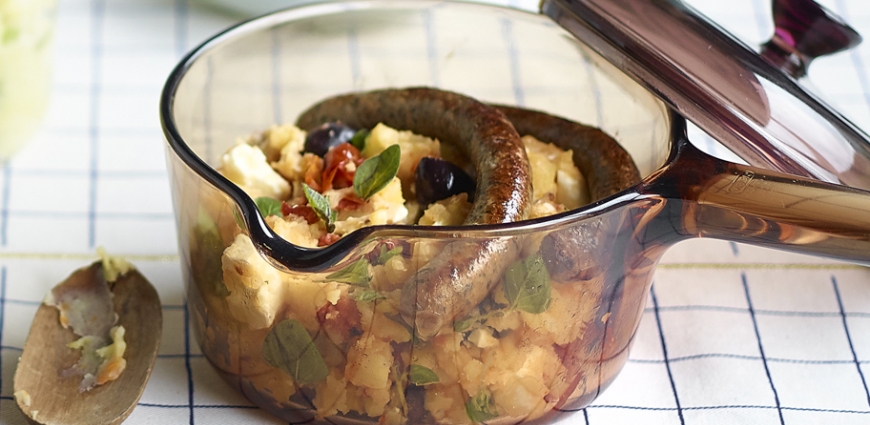 Stoemp à la feta et aux tomates séchées, merguez