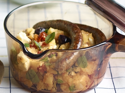 Stoemp à la feta et aux tomates séchées, merguez