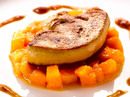 Foie gras et melon poêlés, petite sauce exotique