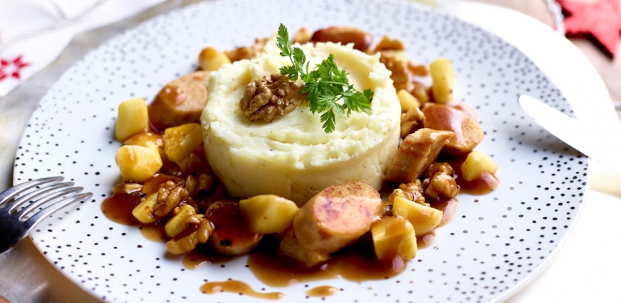 Poêlée de boudin végétarien aux pommes, noix et sirop de Liège