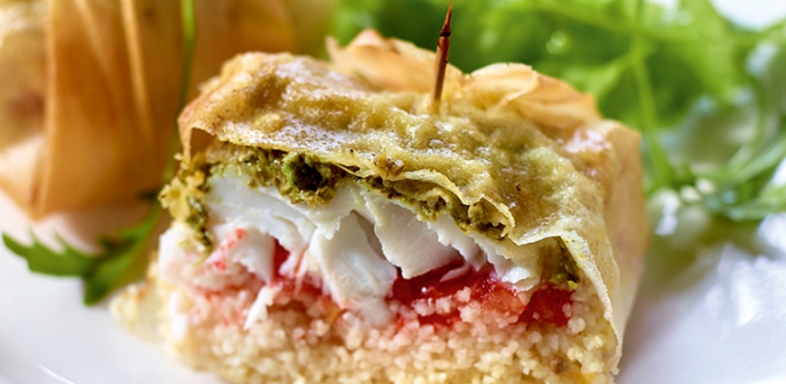 Croustillants de poisson au pesto et au couscous