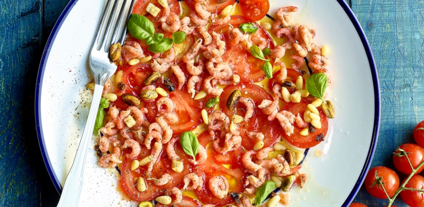 Carpaccio de tomates aux crevettes grises