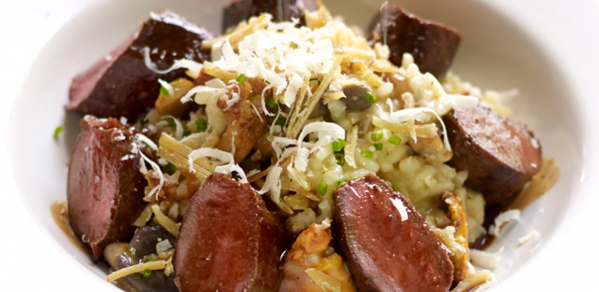 Filet de râble de lièvre poêlé au risotto de champignons des bois