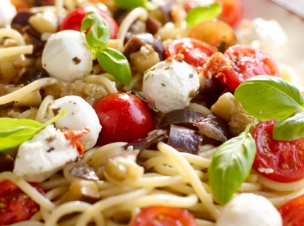 Spaghetti au Larry, tomates-cerise et aubergines