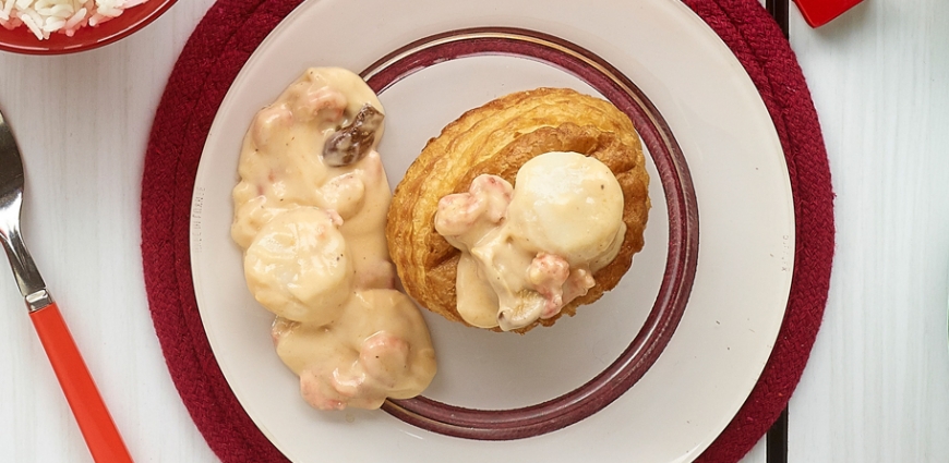 Vol-au-vent aux crevettes grises, St-Jacques et pleurotes