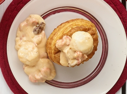 Vol-au-vent aux crevettes grises, St-Jacques et pleurotes