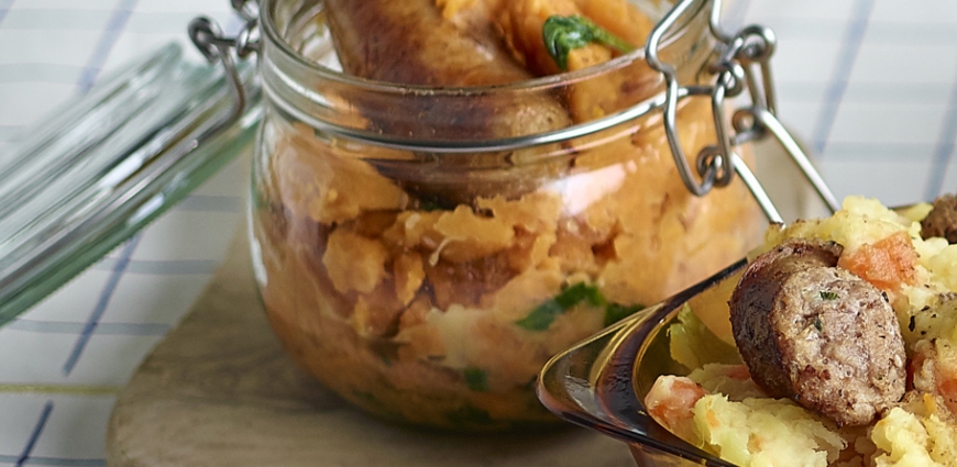 Stoemp de patates douces et épinards, saucisse de poulet