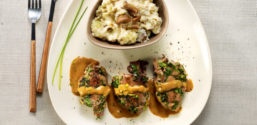 Côtelettes de faisan aux herbes, stoemp aux marrons