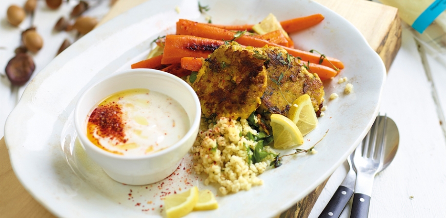 Croquettes de poisson aux crevettes, carottes, boulgour et sauce au yaourt