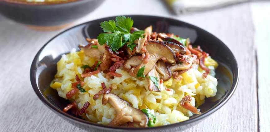 Risotto aux poireaux, jambon et shiitakes