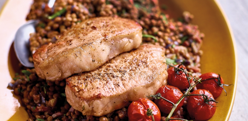 Escalopes de porc ibérique et salade chaude de lentilles