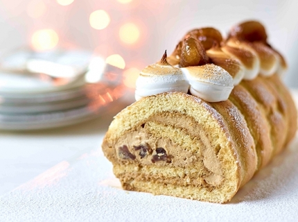 Bûche à l’expresso, meringue et marrons glacés