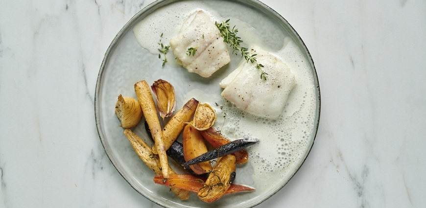 Filets de barbue et légumes rôtis, émulsion au parmesan