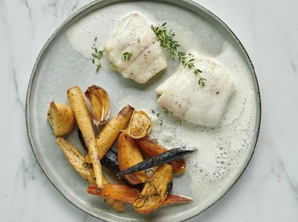 Filets de barbue et légumes rôtis, émulsion au parmesan