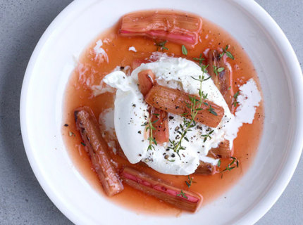  Burrata à la rhubarbe, miel, thum et romarin