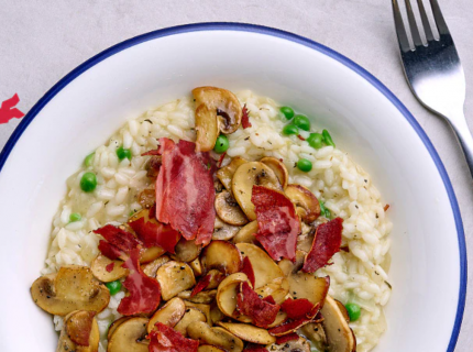 Risotto facile aux champignons et au lard croustillant