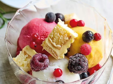 Sorbets aux fruits et dés de bûche de Noël