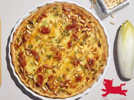 Quiche aux chicons, brie, miel et pancetta