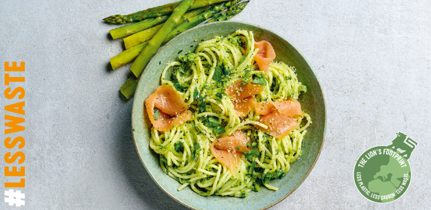 Spaghetti au pesto d’asperges vertes, citron et saumon fumé