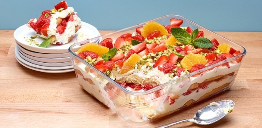 Tiramisu aux fraises, aux pistaches et à l’orange