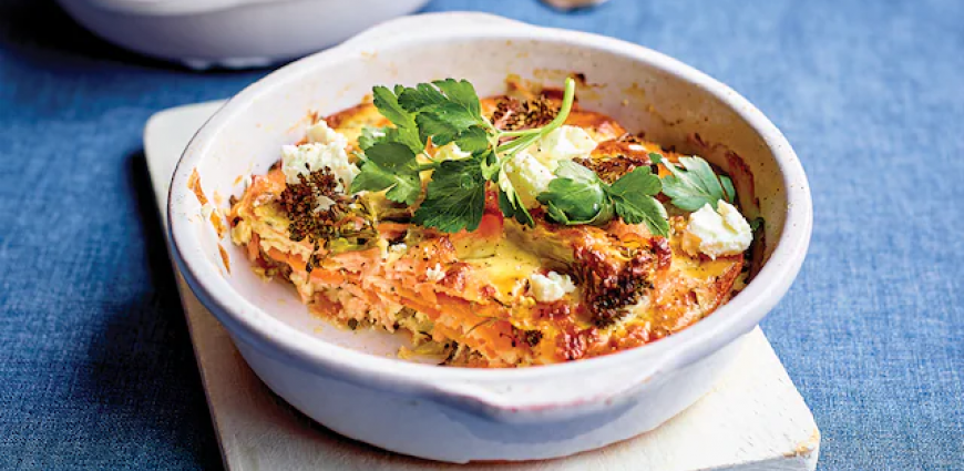 Gratin de légumes au chèvre et au saumon fumé