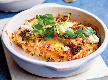 Gratin de légumes au chèvre et au saumon fumé