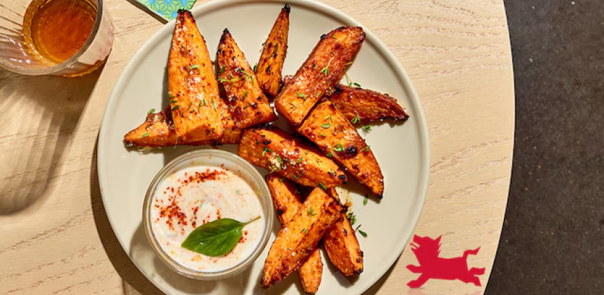 Wedges de patates douces laqués, sauce au yaourt