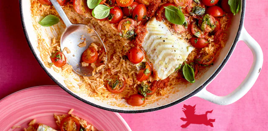 Cabillaud au riz, tomates cerise et pesto rouge