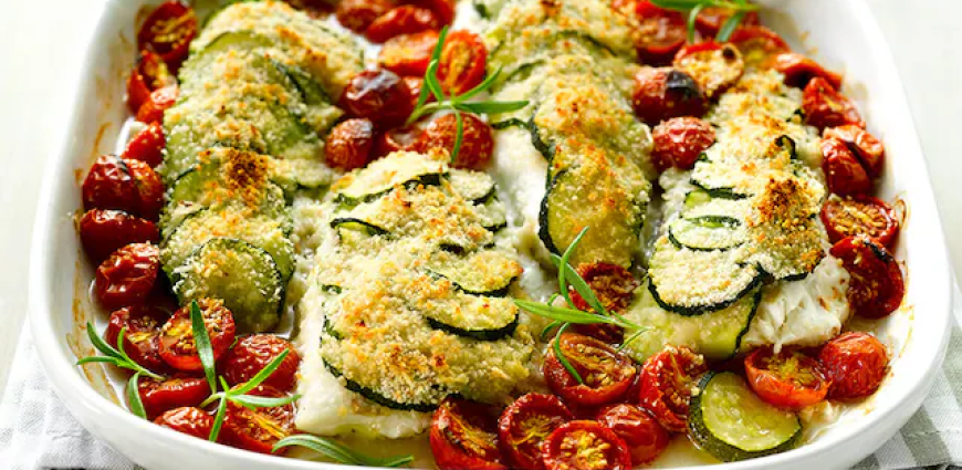 Gratin de loup de mer aux courgettes et aux tomates-cerises